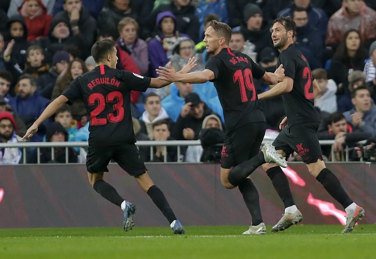 Luuk de Jong celebrates after hitting the opening goal for the Sevilla versus Real Madrid match