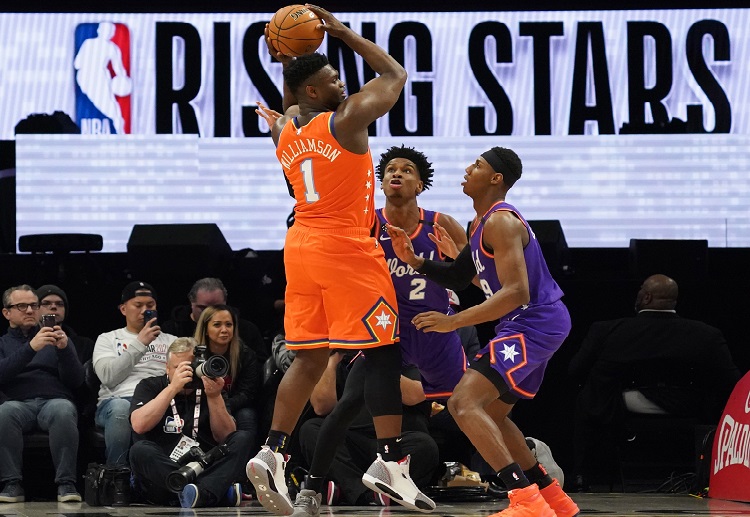 Team USA Zion Williamson slams two-handed jam during the second quarter of NBA Rising Stars
